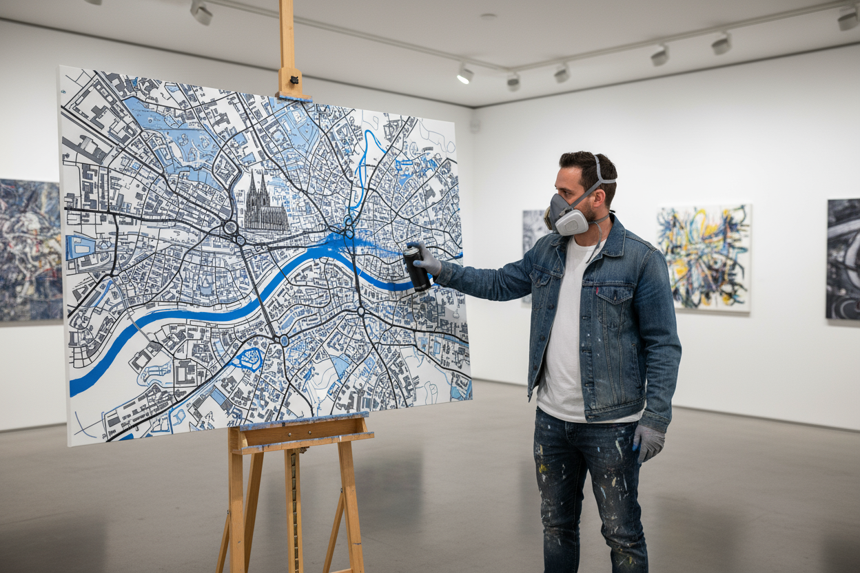 mann mit einer spraydose in einer galerie der eine leinwand mit einer stadtkarte von köln besprüht